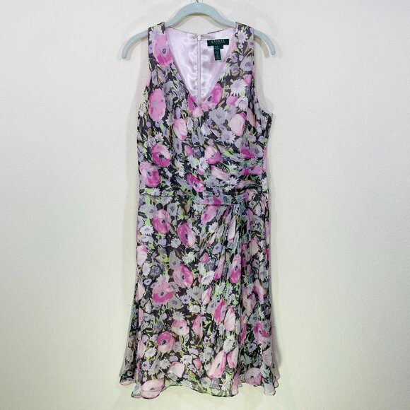 Lauren Ralph Lauren Size 12 100% Silk Dress Floral Sleeveless Pink Gray Pleated - Picture 1 of 4